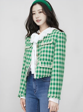 太系列女装春秋新款格纹休闲小香风外套圆领短外套MZ3496/8-1