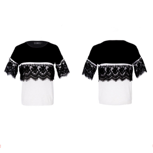 语 乐 蕾丝花边拼色圆领落肩短袖 22175 283 针织衫 专柜价579