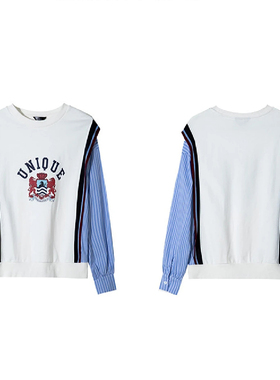 专柜价689【语】条纹拼接假两件字母印花长袖圆领卫衣22055/天-87