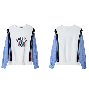 天 专柜价689 圆领卫衣22055 条纹拼接假两件字母印花长袖 语