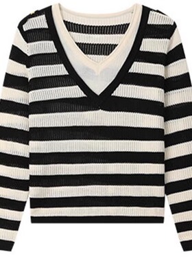 专柜价368【语】时尚V领假两件撞色条纹套头针织衫30099/乐-368