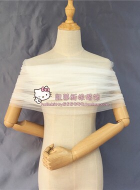 凯蒂 新款新娘一字领婚纱白色网纱软纱小披肩婚纱配饰蝴蝶结领子