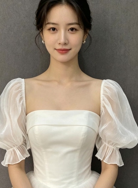 法式泡泡袖白色新娘结婚订婚领证求婚生日派对成人礼晚宴礼服配饰