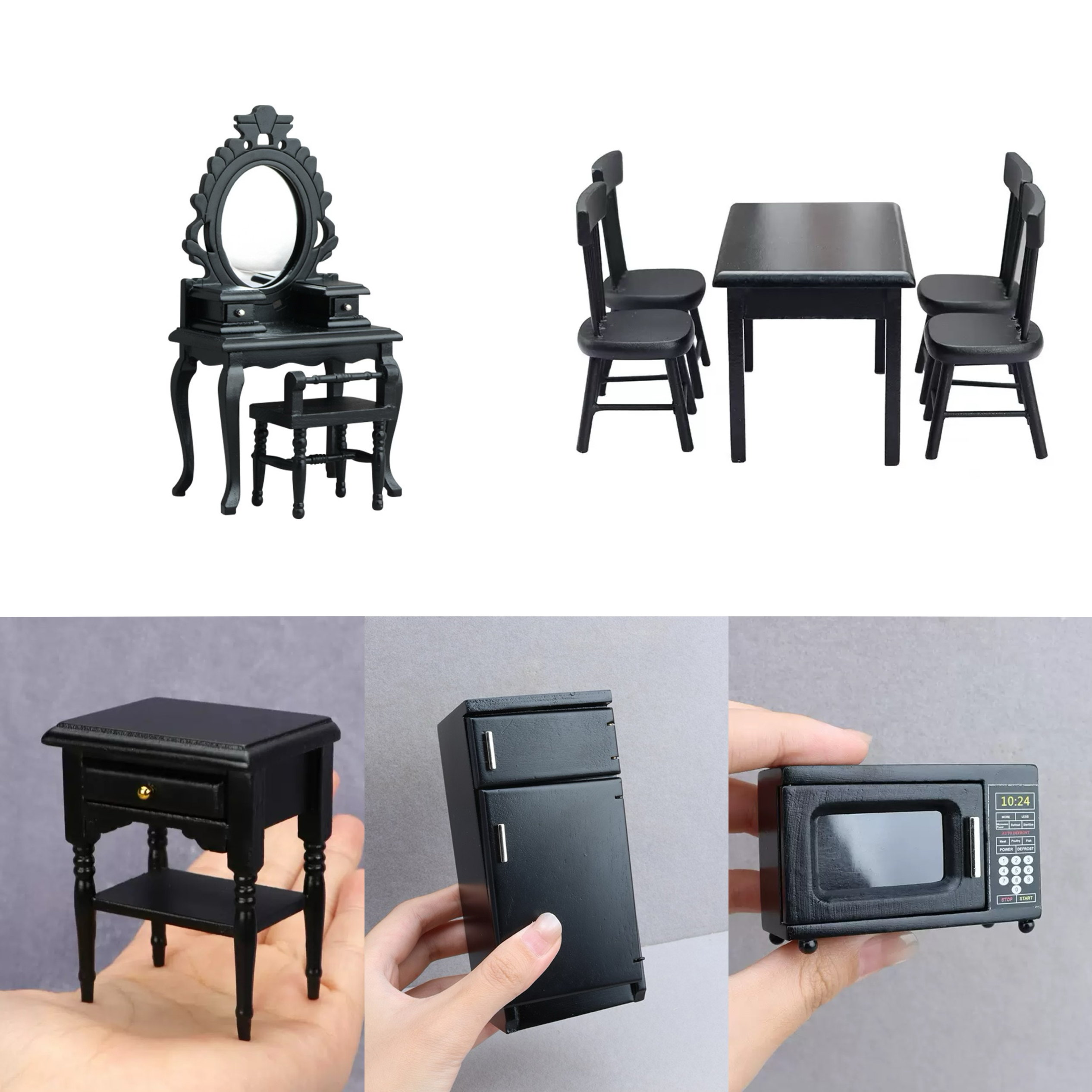 12分娃娃屋场景配件复古黑色木质迷你梳妆台模型微缩玩具摆件道具