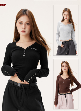 CYRM街舞潮牌美式辣妹修身短款长袖T恤春秋爵士跳舞开衫内搭上衣