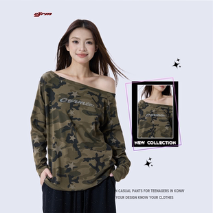 街舞潮牌迷彩做旧闪钻宽松长袖T恤女秋美式复古斜肩跳舞爵士上衣