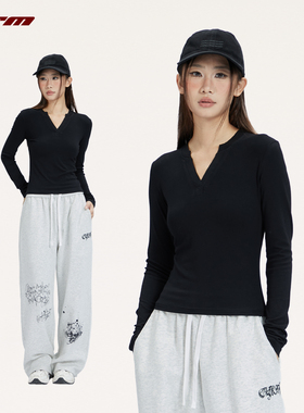CYRM街舞潮牌黑色v领针织长袖t恤女2025秋冬修身显瘦内搭打底上衣