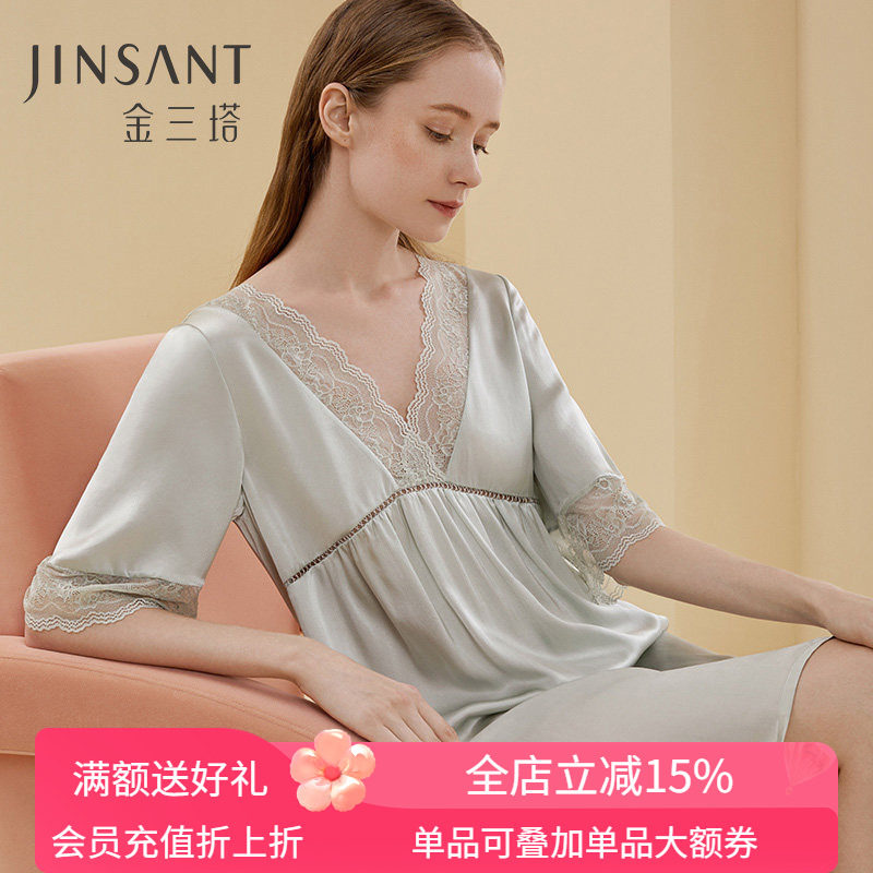 金三塔真丝蕾丝拼接睡裙图片