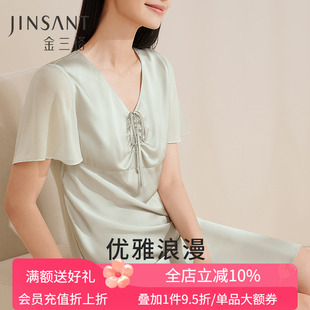 睡衣时尚 金三塔真丝睡裙女100%桑蚕丝抽褶优雅短袖 可外穿家居服女
