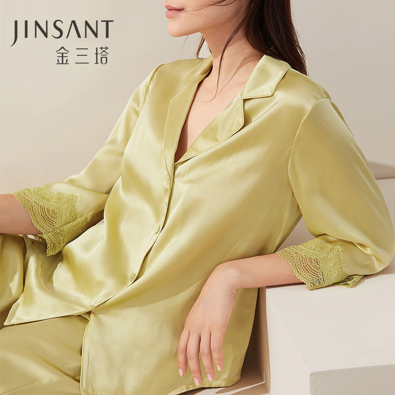 礼物】金三塔真丝睡衣女100%桑蚕丝V领中袖蕾丝舒适衣裤套家居服
