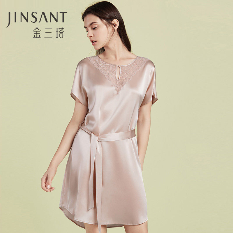 金三塔舒适凉感真丝圆领短袖可外穿睡裙女 桑蚕丝纯色睡衣女