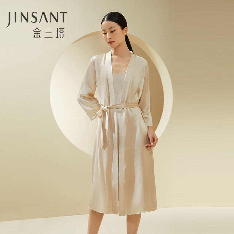 礼物】重磅100%桑蚕丝真丝长款睡袍女春秋睡衣家居服晨袍金三塔