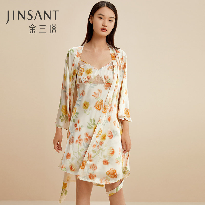 金三塔100%桑蚕丝舒适睡衣女士真丝印花拼刺绣蕾丝睡袍家居服新品