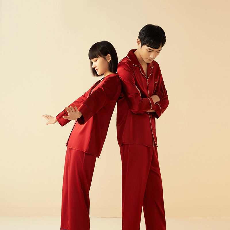 金三塔情侣真丝睡衣 简约高级100%桑蚕丝婚庆红色长袖男女家居服
