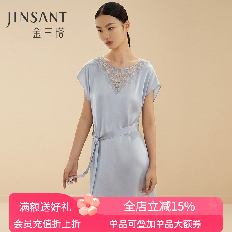 金三塔美肤圆领桑蚕丝短袖睡裙图片