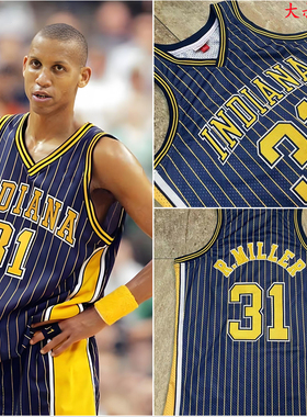 密绣版 步行者队31号雷吉米勒球衣94-95赛季复古蓝色条纹篮球服潮