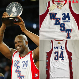 全刺绣 04全明星湖人队34号沙奎尔奥尼尔球衣复古白色网眼篮球服