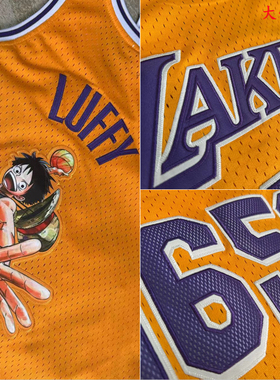 密绣版2025湖人队海贼王联名款5656号路飞球衣复古黄色网眼篮球服