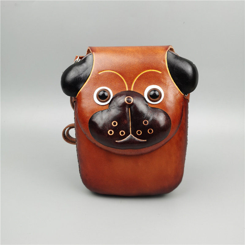 真皮斜挎包休闲牛皮斜背包可爱卡通男女学生手机包狗狗百搭小背包