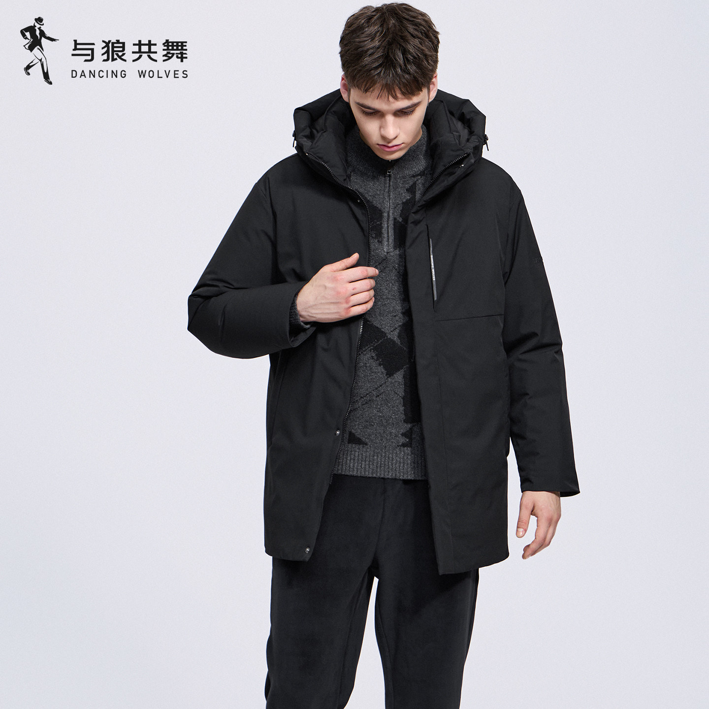 与狼共舞连帽中长款羽绒服男士2026冬季新款防风保暖通勤休闲外套