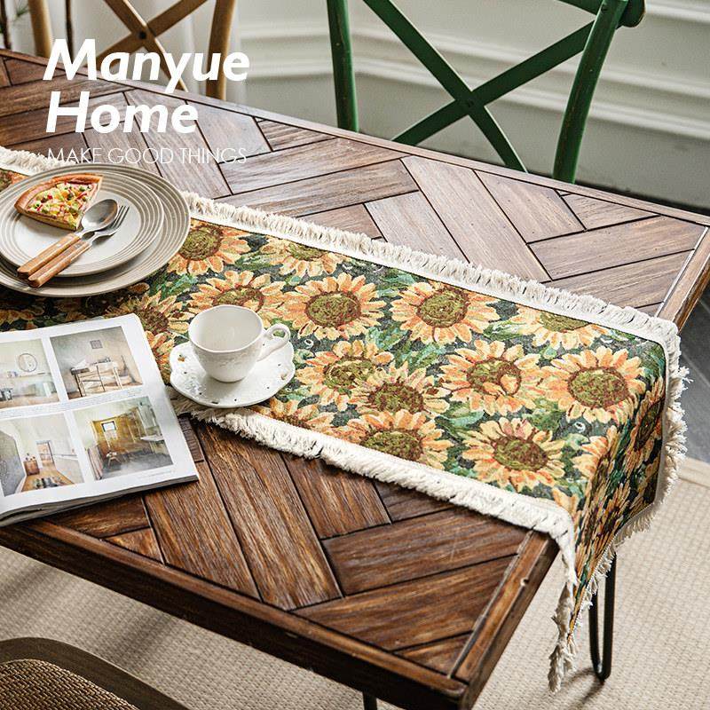 蔓越家 向日葵复古棉麻桌旗派对装饰编织流苏隔热桌垫拍照背景布,居家布艺,桌旗,淘宝优惠券,粉丝福利购,淘宝优惠卷