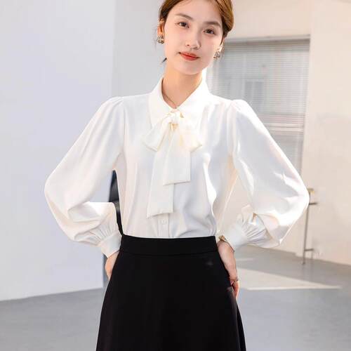 蝴蝶结白色雪纺衬衫女上衣长袖通勤职业气质衬衫面试正装女套装
