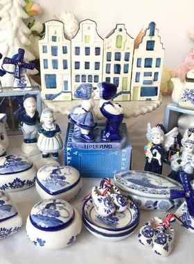 外贸荷兰代尔夫特蓝白陶瓷房子摆件蓝彩首饰盒风车装饰品都有微瑕