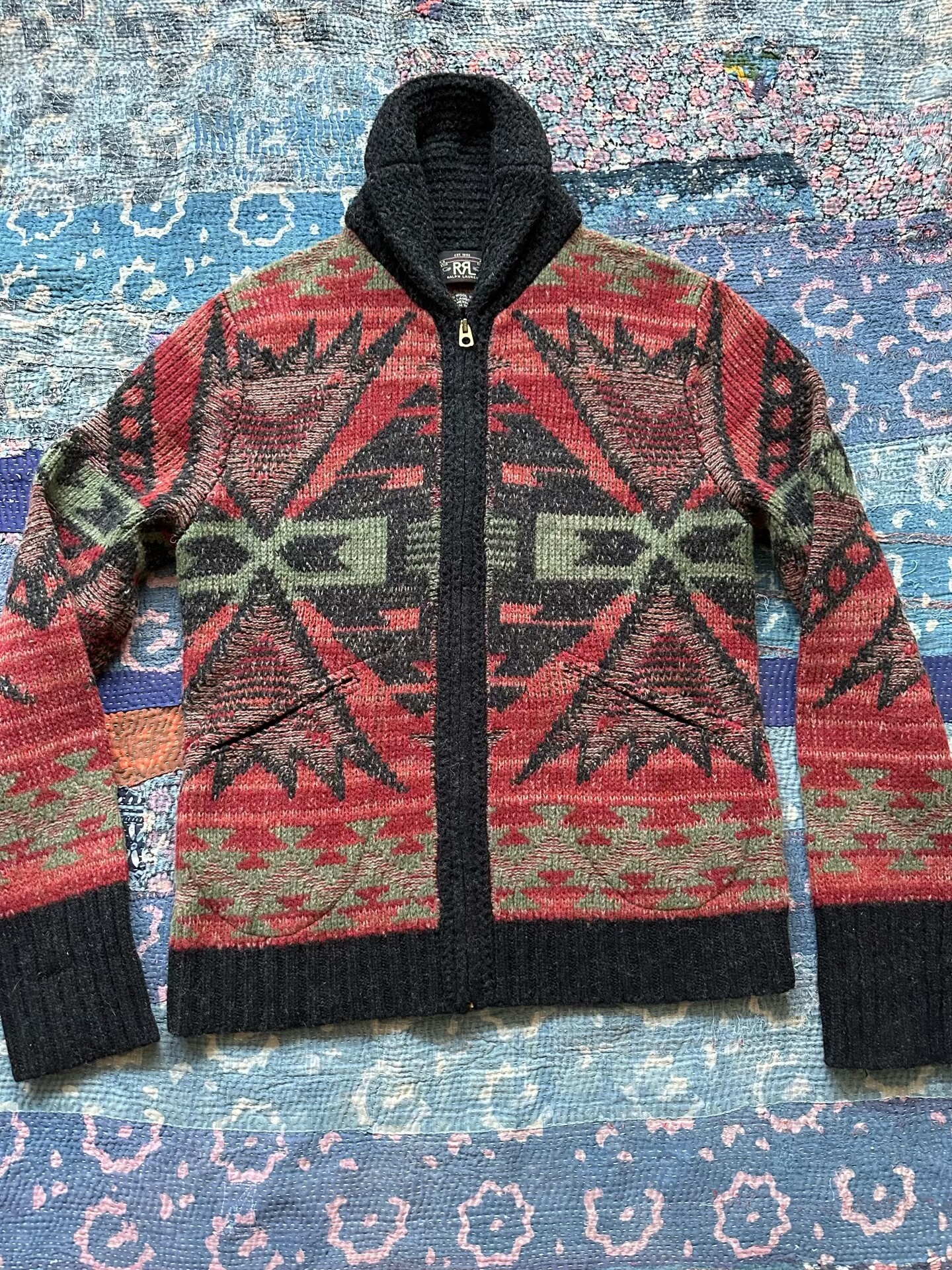 RRL Geometric Pattern Zip-Up Sweater