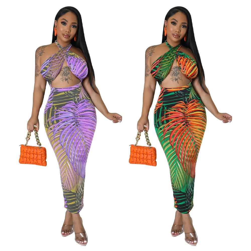 Women's sexy sleeveless strappy backless dress with slits