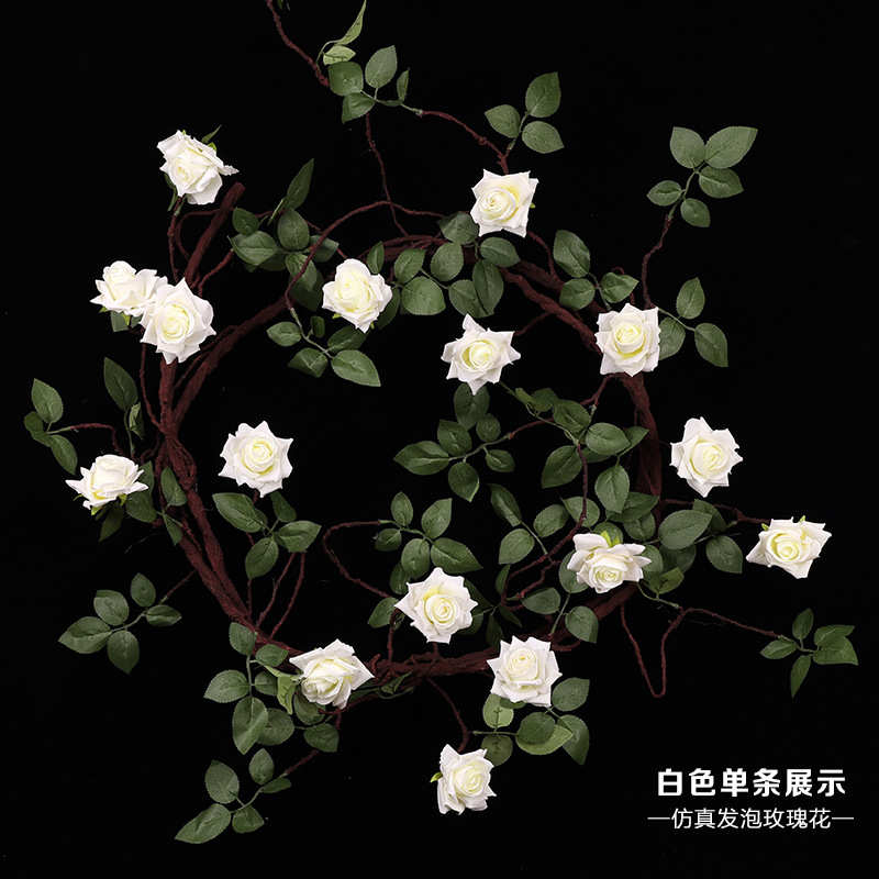 批发高档 仿真玫瑰花藤条 发泡铁丝枯藤婚礼店面室内装饰假花藤蔓