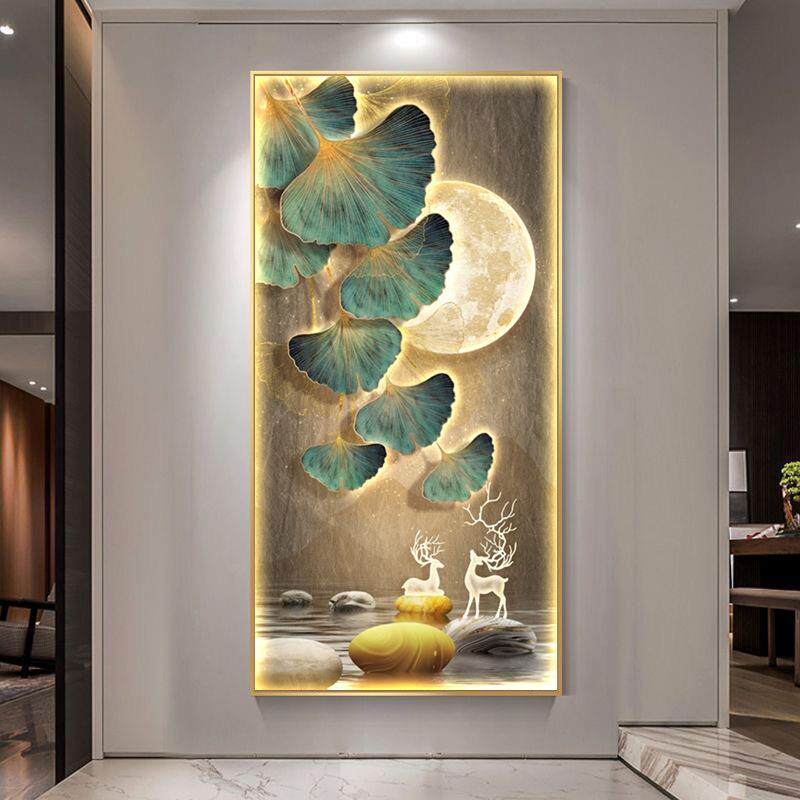 现代轻奢玄关入户装饰画银杏叶客厅走廊过道挂画复古麋鹿壁画灯画