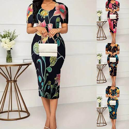 Women's short sleeved printed plus size dress