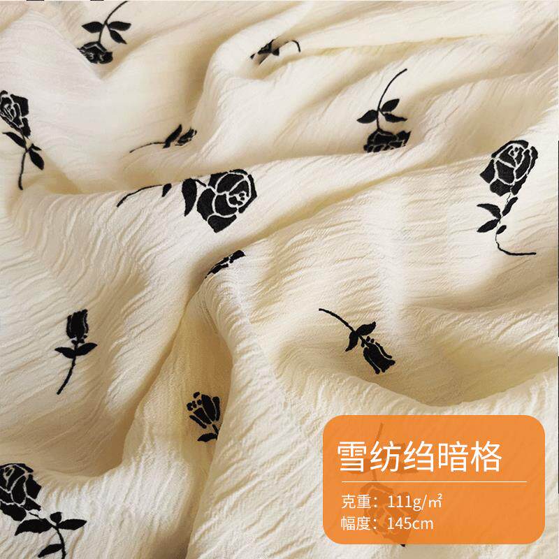 春夏季薄款梭织泡泡暗格一束玫瑰花印花 连衣裙雪纺绉暗格面料