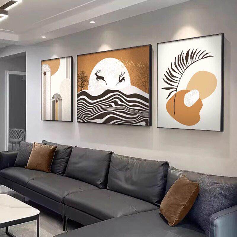 现代简约福鹿客厅装饰画三联组合沙发背景墙挂画抽象橙色线条壁画