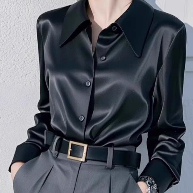 轻奢高端真丝黑色缎面衬衫女士春秋季新款高级感气质职业衬衣长袖