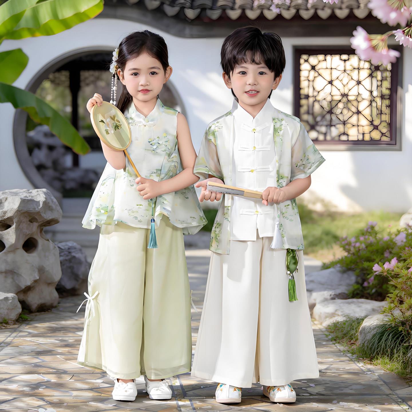儿童唐装夏季国风汉服表演服男女童六一新中式国学演出服短袖套装