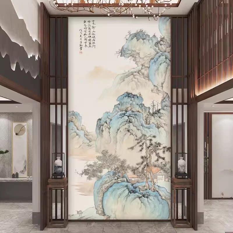 富春山居图玄关新中式背景墙壁纸书房客厅走廊意境山水墙布壁画图片
