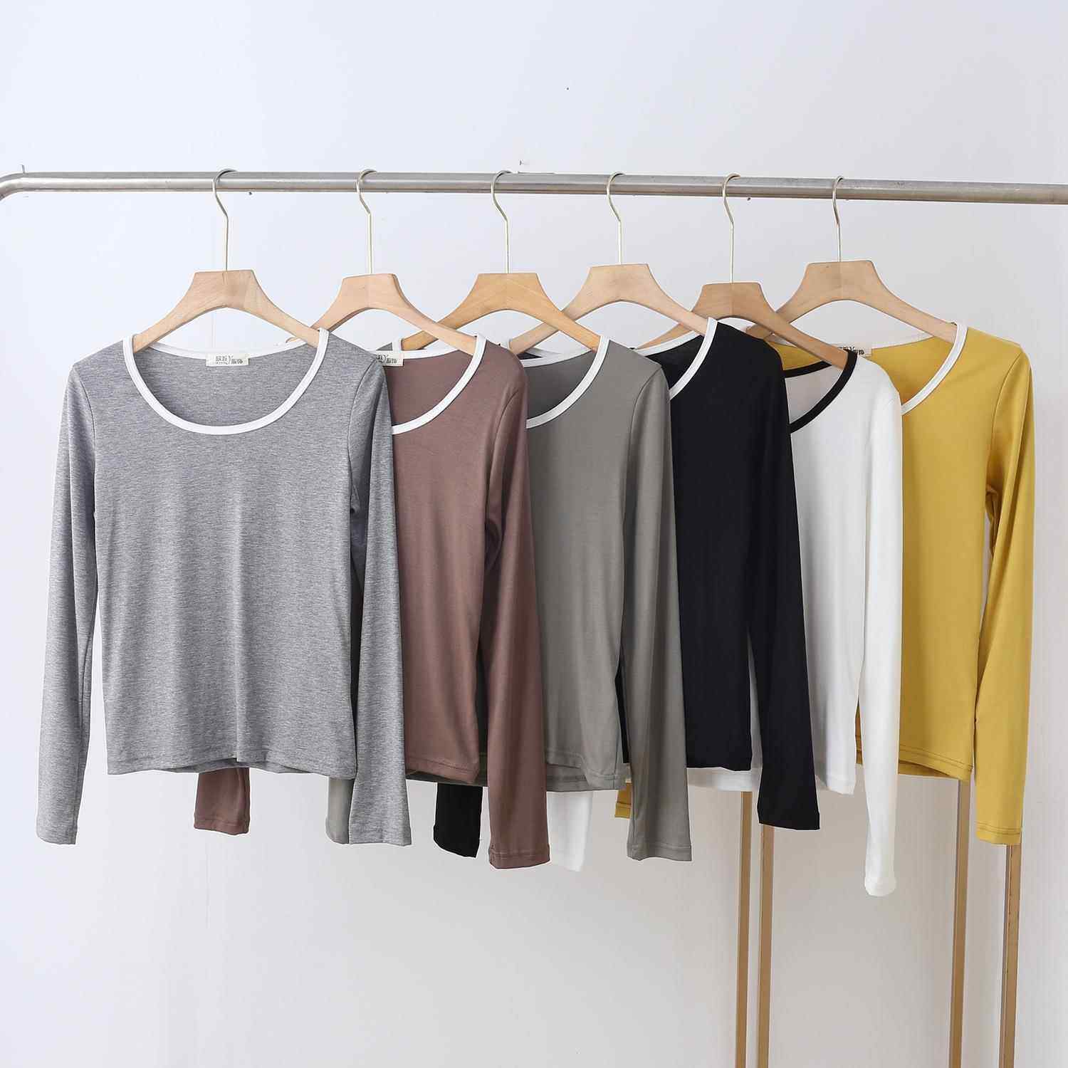 圆领长袖t恤女春季新款宽松显瘦正肩大领口楼锁骨外穿上衣定制