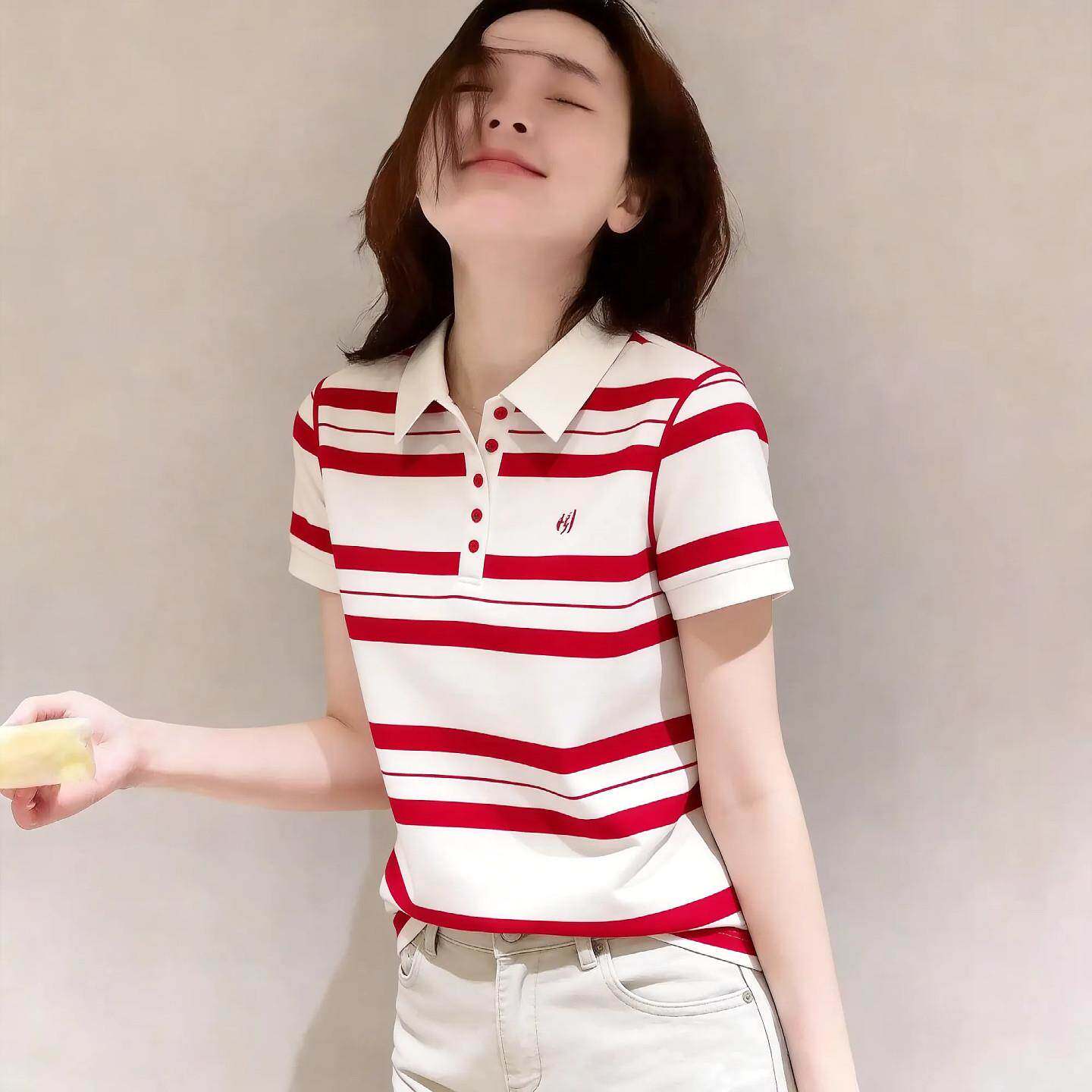 韩国设计感红色条纹短袖T恤女夏新款超好看宽松时尚POLO领上衣潮