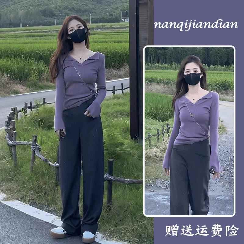 RIERA一整套韩系初秋穿搭高级感显瘦打底针织衫女直筒休闲长裤减