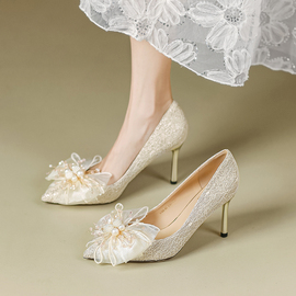 香槟色水晶高跟鞋女细跟春法式婚宴珍珠蝴蝶结，花朵婚纱婚鞋伴娘鞋