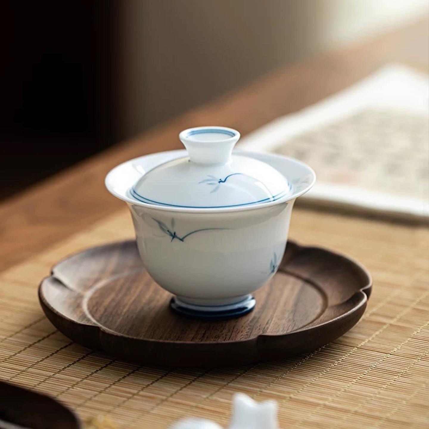 白玉瓷纯手绘玉兰花盖碗功夫茶大容量二才家用不烫手高档品茗茶具