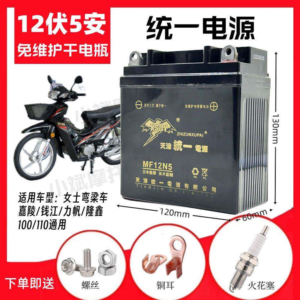 嘉陵钱江隆鑫力帆100/110弯梁车免维护蓄电池12V5A擎豹统一干电瓶