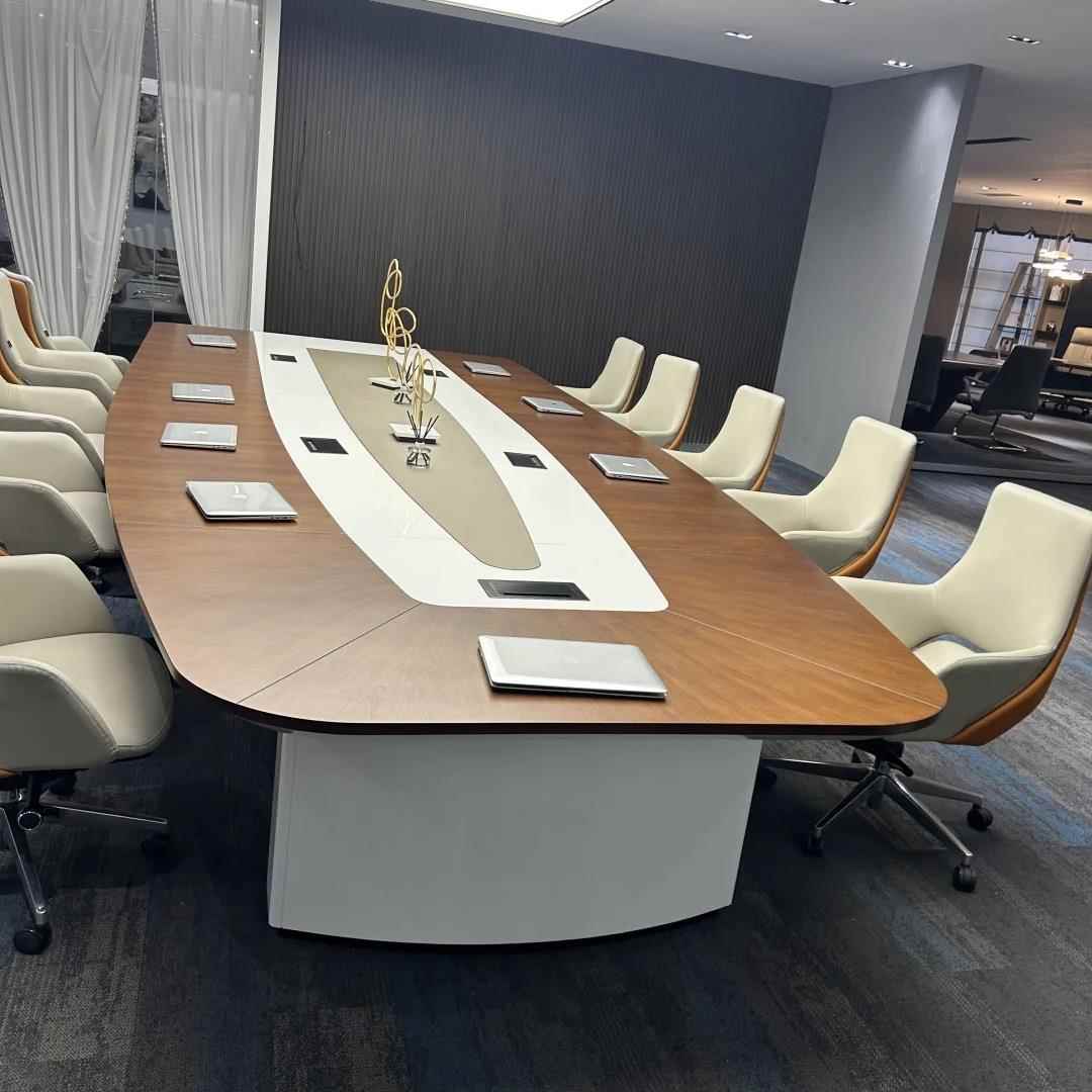 高端现代大型会议桌创意白色烤漆简约现代会议室接待培训长条桌椅