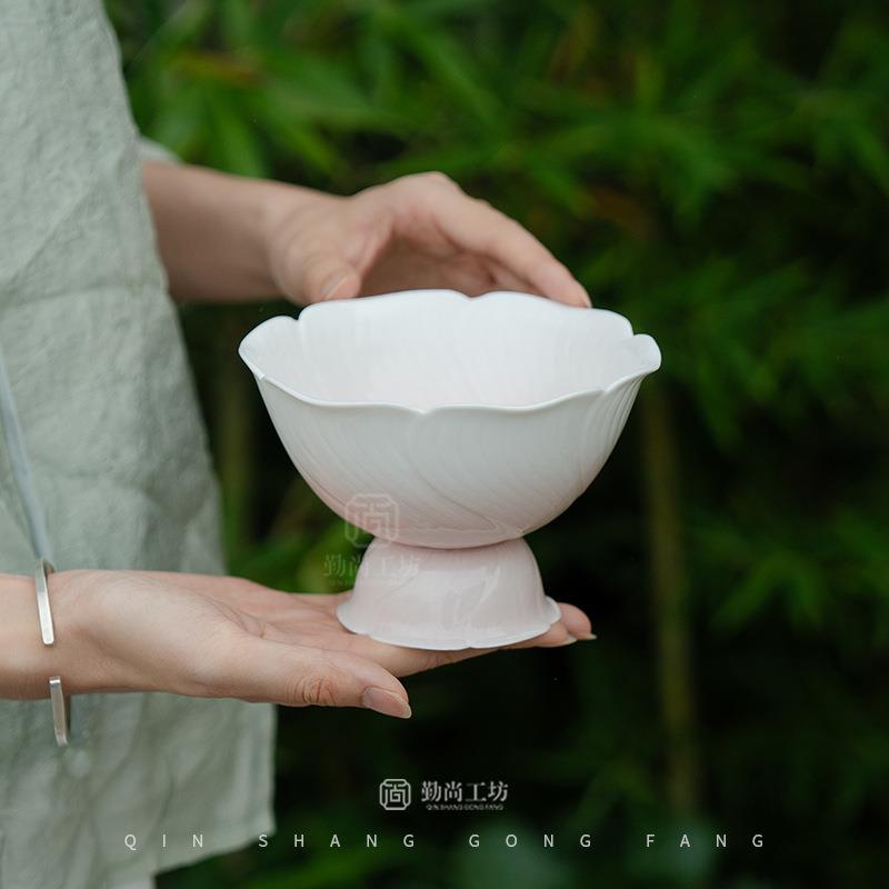 渐变色玫瑰高足果盘小清新家用陶瓷点心盘中式茶道配件茶点托盘