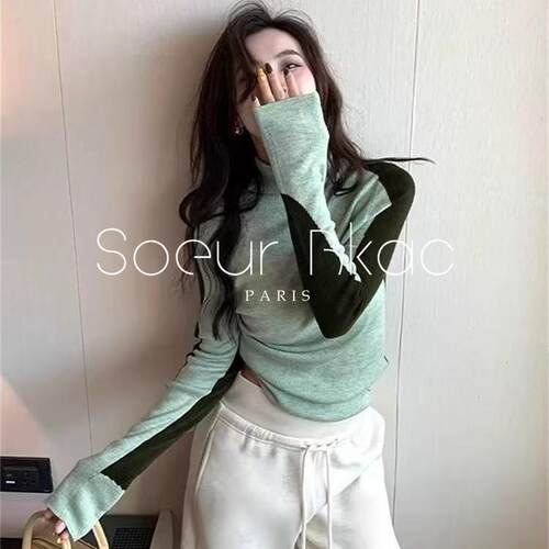 法国SOEUR BKAC秋季法式绿色撞色高领长袖针织衫女修身内搭打底衫