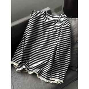 叠穿上衣淑潮 棉线圆领宽松中长款 欧韩女装 条纹蕾丝花边打底衫