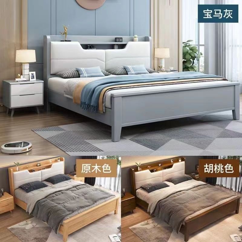 新款北欧1.8米主卧双人婚床简约现代1.5m家用实木气压软靠高箱储