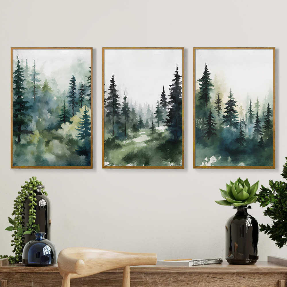 北欧简约森林风景客厅带框帆布画挂画小清新三联卧室装饰画