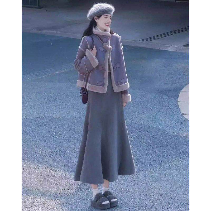深灰色针织加绒鱼尾裙女2026春秋新款高腰修身显瘦a字包臀半身裙